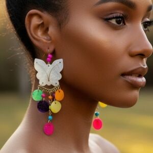 Colorful Butterfly Dangle Earrings Peru Lightweight Handcrafted Natural Boho